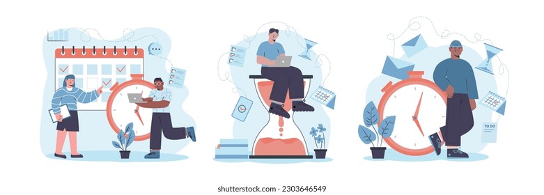 Illustrations set of depicts handsome multinational people managing their time effectively to meet deadline. Cartoon flat style vector on white background