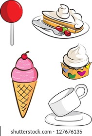 illustrations set dessert of ice cream, coffee, cupcake