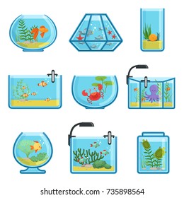 Illustrations set of different aquariums with fishes and saltwater. Underwater world in aquarium with gold fish vector