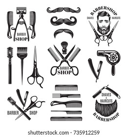 Illustrations set of different barber shop tools. Symbols for badges and labels. Barber shop and hair salon for man badge vector