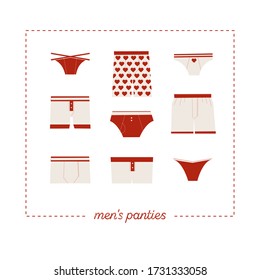 Illustrationen setzen verschiedene Typen männlicher Unterhosen. Vorlage für Grußkarte, Banner.