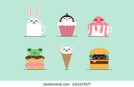 Illustrations set of food in the shape of a cute, animal and food cute, ice cream, donut, hamburger,  cappuccino . Kawaii vector set , eps10