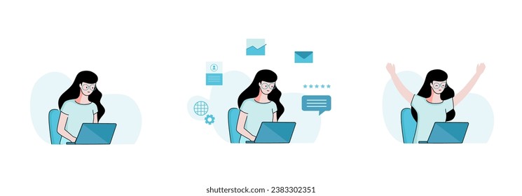Illustrations set.
Girl working with a computer.
Successfully complete a job.