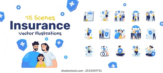 Illustrations set of insurance protection, family life insurance, medical healthcare protection, vector design