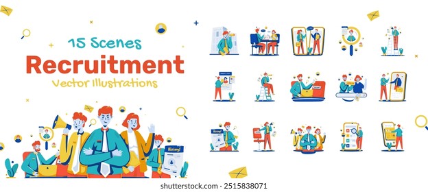 Illustrations set of job recruitment, Employee hiring cartoon collection set, HR management, Office business career, Vector design