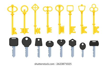 Ilustrações de um conjunto de chaves para bloqueios em um estilo simples. Coleção de chaves para fechaduras no estilo estilizado.