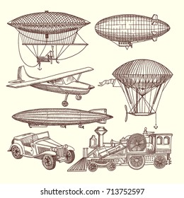 Illustrations set of machines in steampunk style. Vector transport zeppelin and airship, car and train transportation