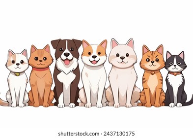 illustrations set of many different kittens and dog. Cats and Dog characters in cartoon style. Cartoon cats and dog animal, collection of feline breed