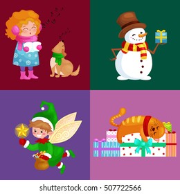 illustrations set Merry Christmas Happy new year, girl sing holiday songs with pets, snowman gifts, cat and dog prests, elf flies using the wings magic wand star vector characters