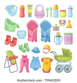 Illustrations set of newborn objects. Different pictures set in cartoon style. Child and baby wear toy, accessory for newborn baby vector