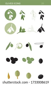 Illustrations set organic olives flat vector 