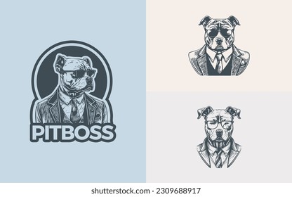 Illustrations Set of a Pitbull wearing a suit and glasses formed in a line art style in a vintage theme	