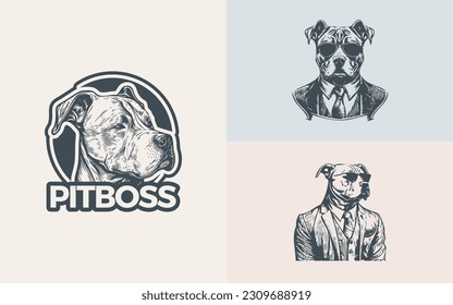 Illustrations Set of a Pitbull wearing a suit and glasses formed in a line art style in a vintage theme	