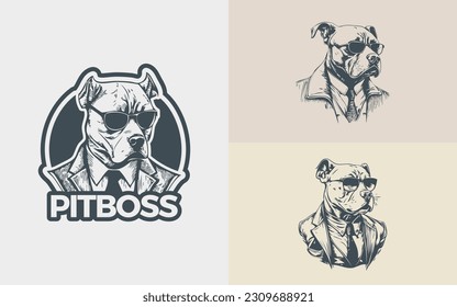 Illustrations Set of a Pitbull wearing a suit and glasses formed in a line art style in a vintage theme	