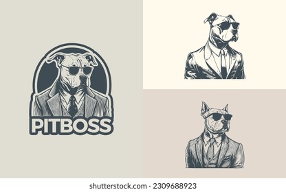 Illustrations Set of a Pitbull wearing a suit and glasses formed in a line art style in a vintage theme	