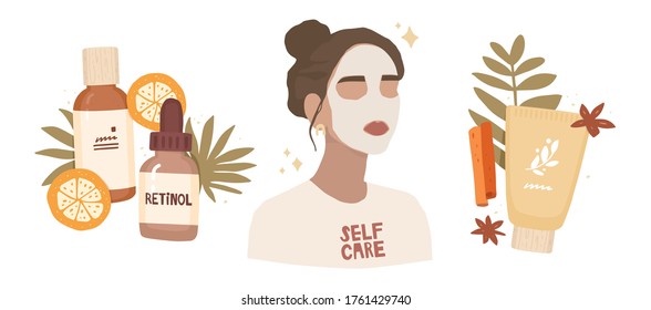 Illustrations set. Portrait of a girl with a face mask. T-shirt with the "self care" lettering. Cosmetic packaging, mask cream, serum bottle with retinol. Testing cosmetics, reviews, blog, influencer