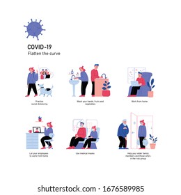 Illustrations set. Quarantine and covid-19 prevention. 