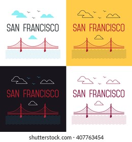 Illustrations set of San Francisco Golden Gate Bridge. San Francisco vector landmark illustration. Line flat style. San Francisco view.  T-shirt graphic.