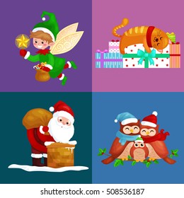 illustrations set of Santa Claus christmas characters Merry  Happy new year,  cat presents, owls family, helper elf climbing chimney with bag