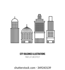 Illustrations set - Simple City Buildings icons in thin flat line design - Only stroke version - Graphic resource for your cityscapes and urban landscape design - Modern vector illustration concept