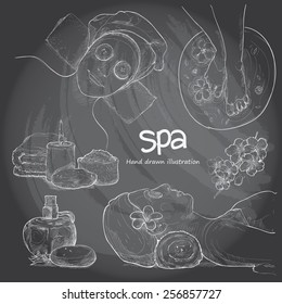 Illustrations set of spa. chalkboard background.