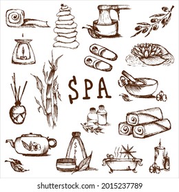 Illustrations set for spa salon. Candles, oils, depilation. Beauty therapy and spa relaxation for wellness vector. Hand drawn set of spa attributes. Template for design of Spa