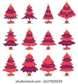 Illustrations set of stylized Christmas trees adorned with decorations and presents, signifying festive holiday joy, celebration, and seasonal cheer. Perfect for Christmas graphics and design-themed.