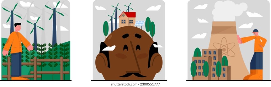 Illustrations set of sustainability. Sustainable clean industrial factory, renewable energy and green electricity. Cartoon flat style vector on white background