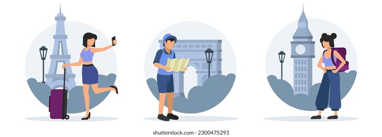 Illustrations set of tourist recreation in popular places. Woman photographed against Eiffel Tower, guy looking for directions on paper map and girl standing with backpack near Big Ben. Flat vector