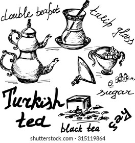 Illustrations set for the Turkish tea. Hand drawn sketches.