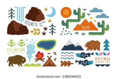 Illustrations of several icons in some of USA National Park. There are waterfall, ‘half dome’, ‘el capitan’, grizzly, salmon, mountain, cactus, bear tracks, etc.