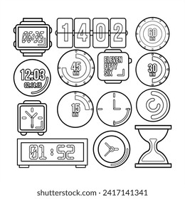 Illustrationen mehrerer visueller Uhren und Zeiten, visualisiert mit Zahlen oder grafischen Sprachsymbolen, die dem Thema entsprechen