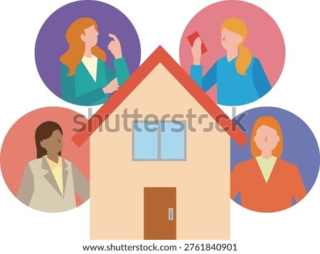 Illustrations of a shared house and women