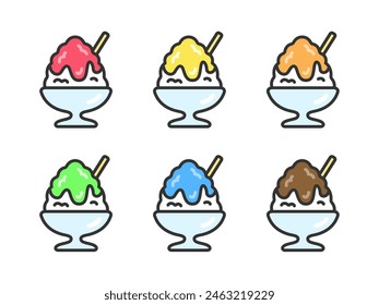 Illustrations of shaved ice icons (color line drawings) of various flavors.