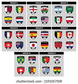 Illustrations of Shield Team Badges for All Countries in All Groups from Football Tournament