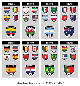 Illustrations of Shield Team Badges for All Countries in All Groups from Football Tournament