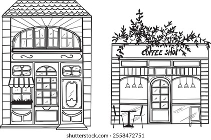 Illustrations shop tea room restaurant vector editable black lines