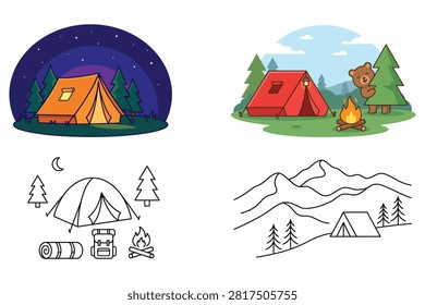 Illustrations show camping tents under stars daytime forest campsite with teddy bear camping icons and mountain landscape with tents