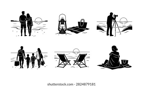 Illustrations show couples walking camping photographing relaxing and fishing at beachside with sunset