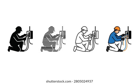 Illustrations show electricians connecting wires to electrical boxes isolated 