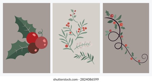 Illustrations show holly leaves with berries and decorative floral branches with berries