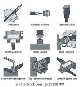 Illustrations show the process of installing an antenna cable splitter with clear steps and visual aids