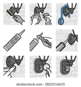 Illustrations show the process of installing a motion sensor light fixture on a brick wall.