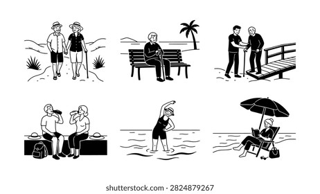Illustrations show seniors walking sitting exercising and relaxing in beach and park settings