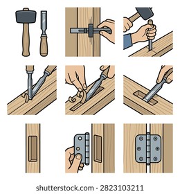 Illustrations show woodworking tools like chisels and hammers, demonstrating precise techniques for mortising and installing door hinges into wood.