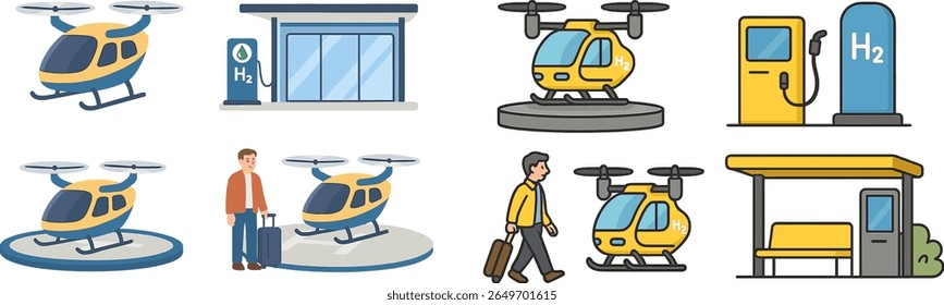Illustrations showcase a helicopter taxi service featuring hydrogen fuel stations. The environment highlights the innovation in eco-friendly transport solutions for urban travel.