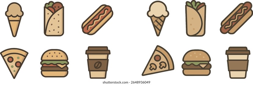 Illustrations showcase a variety of fast food items including burgers, pizza, hot dogs, tacos, and beverages. The vibrant designs exhibit a playful representation of popular snacks.
