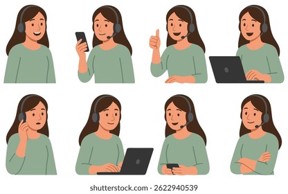 Ilustrações mostrando uma mulher alegre prestando serviço ao cliente através de vários canais de comunicação digital