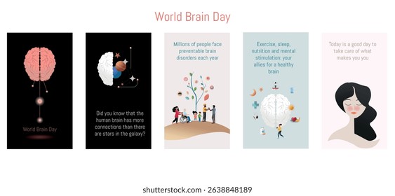 Illustrations showcasing the complexity and importance of brain health, highlighting world brain day and encouraging healthy lifestyle choices for optimal cognitive function
