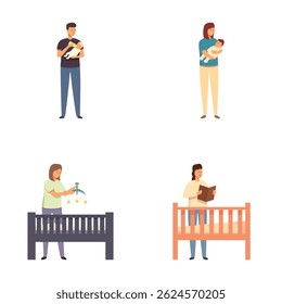 Illustrations showcasing a diverse set of parents caring for and engaging with their babies in a nursery setting